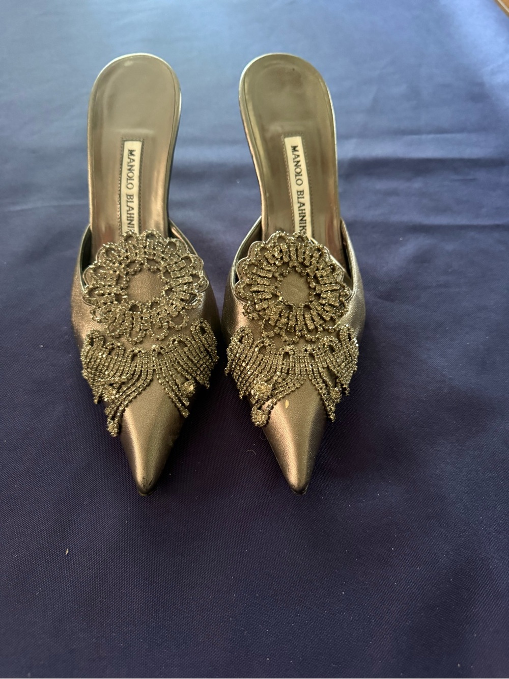 Manolo Blahnik Metallic Beaded Pointed Toe Slide Mules